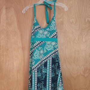 Super cute blue, green, and white Patagonia halter dress with built-in shelf bra